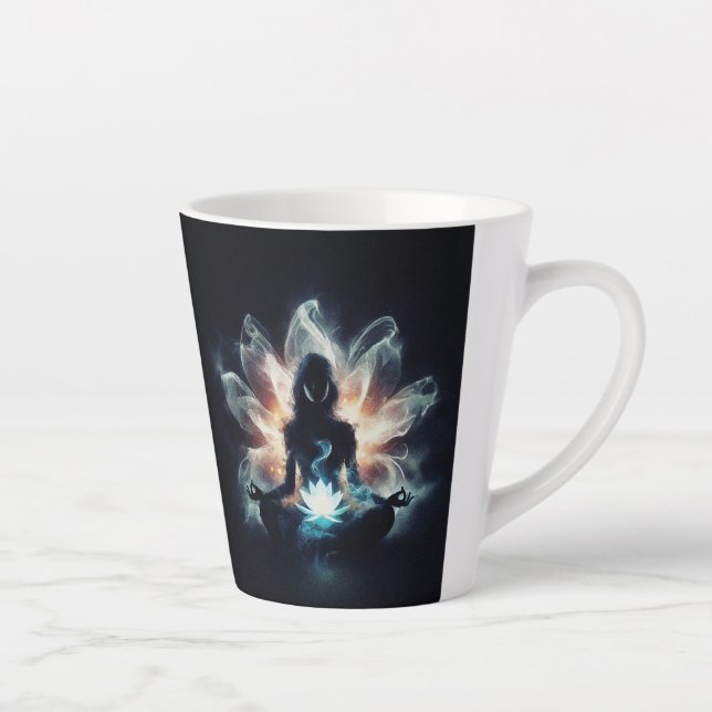 Yoga Instructor Meditation Pose Glowing Mist Lotus Latte Mug (Right)