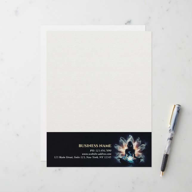 Yoga Instructor Meditation Pose Glowing Mist Lotus Letterhead (Front/Back In Situ)