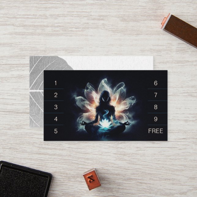 Yoga Instructor Meditation Pose Glowing Mist Lotus Loyalty Card (Front/Back In Situ)