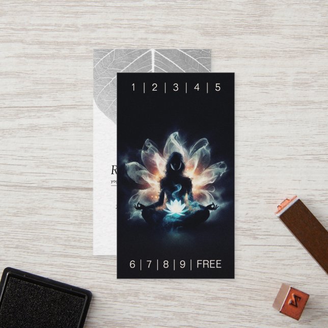 Yoga Instructor Meditation Pose Glowing Mist Lotus Loyalty Card (Front/Back In Situ)