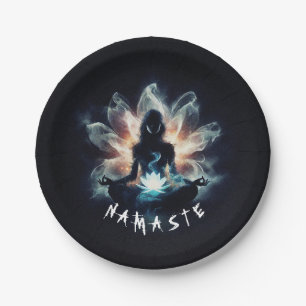 Yoga Instructor Meditation Pose Glowing Mist Lotus Paper Plates