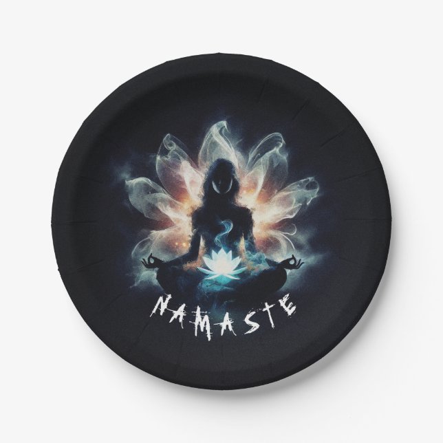 Yoga Instructor Meditation Pose Glowing Mist Lotus Paper Plates (Front)