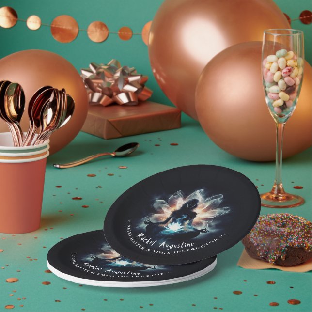 Yoga Instructor Meditation Pose Glowing Mist Lotus Paper Plates (Multi)