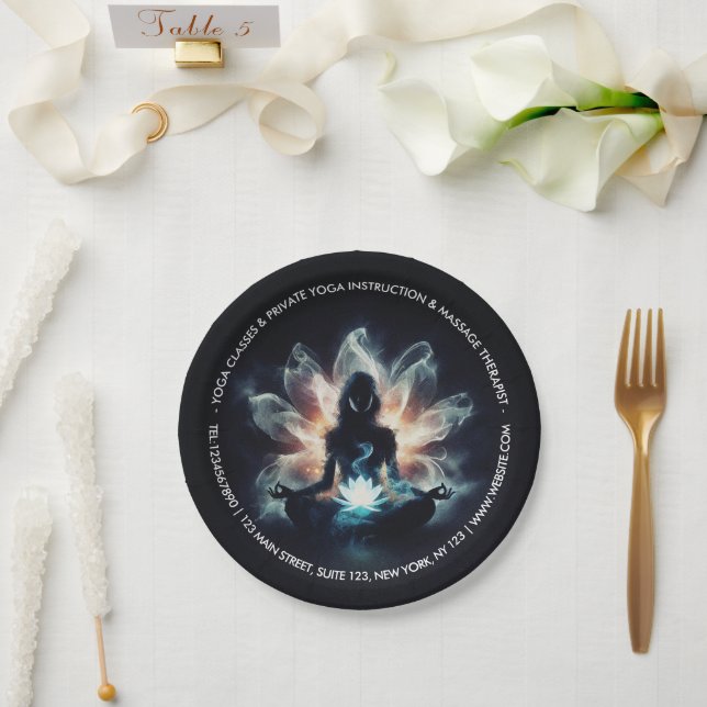 Yoga Instructor Meditation Pose Glowing Mist Lotus Paper Plates (Wedding)