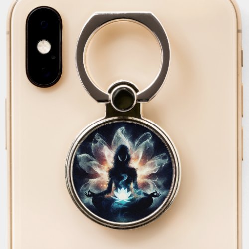 Yoga Instructor Meditation Pose Glowing Mist Lotus Phone Ring Stand