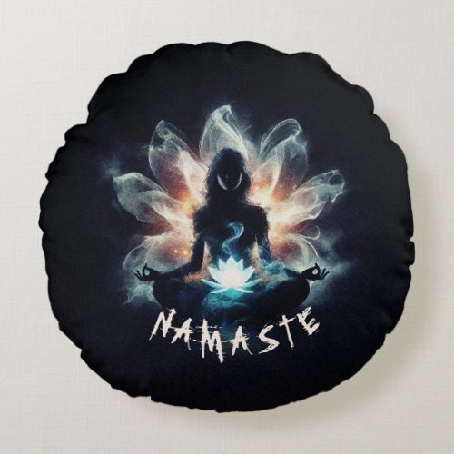Yoga Instructor Meditation Pose Glowing Mist Lotus Round Pillow