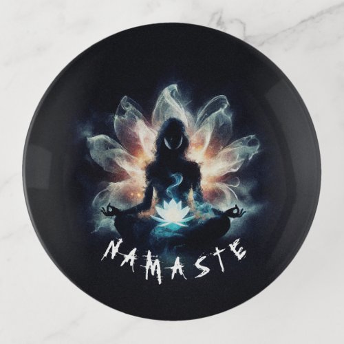 Yoga Instructor Meditation Pose Glowing Mist Lotus Trinket Tray