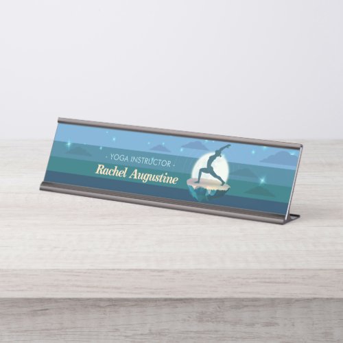 Yoga Instructor Meditation Pose Moon Flying Island Desk Name Plate