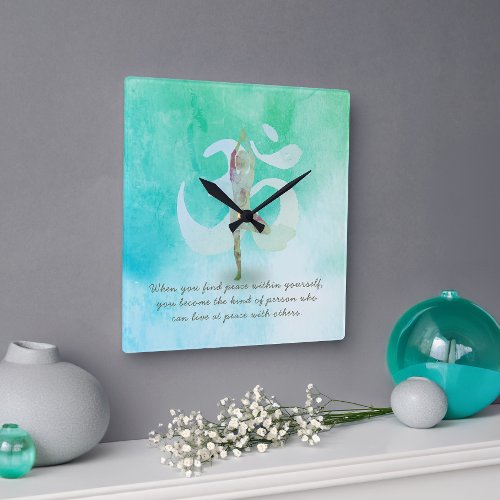 YOGA Instructor Meditation Tree Pose Om Sign Quote Square Wall Clock