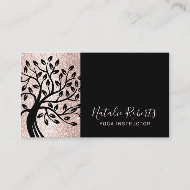 Yoga Instructor Modern Blush Pink Black Life Tree  Business Card (Front)