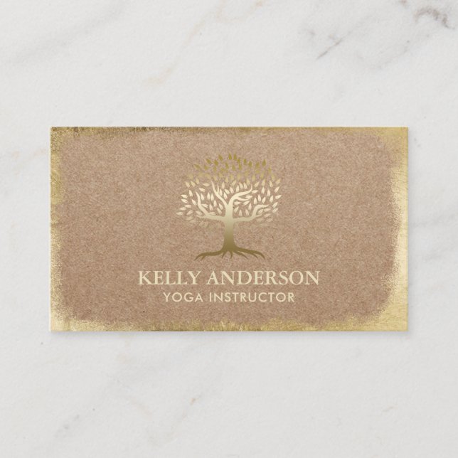 Yoga Instructor Modern Gold Life Tree Rustic Kraft Business Card (Front)