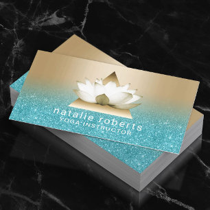 Yoga Instructor Modern Gold Lotus Teal Glitter Business Card