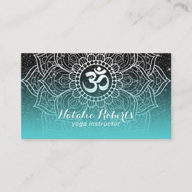 Yoga Instructor Modern Teal Black Glitter Mandala Business Card (Front)
