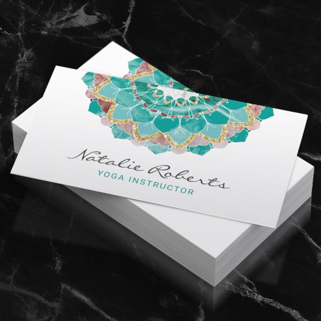 Yoga Instructor Modern Teal Gold Mandala Flower Business Card (Creator Uploaded)