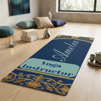 Yoga Instructor Navy Blue Teal |Gold Ornate Floral Mat