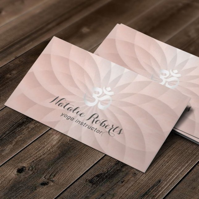 Yoga Instructor Om Logo Rose Gold Spiral Lotus Business Card (Creator Uploaded)