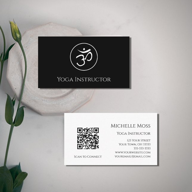 Yoga Instructor Om Symbol QR code Black White  Business Card (Creator Uploaded)
