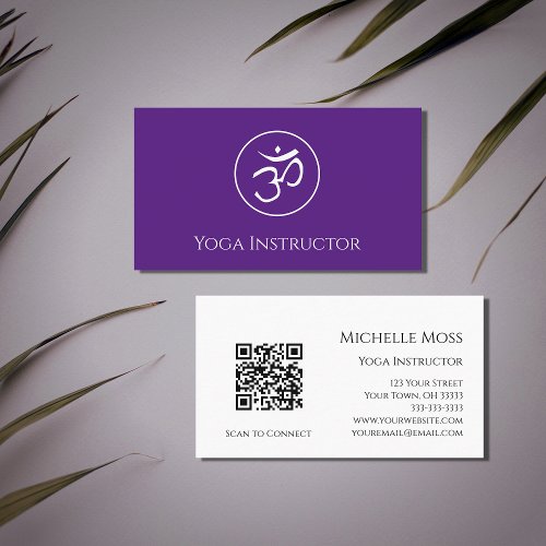 Yoga Instructor Om Symbol QR code Purple  Business Card