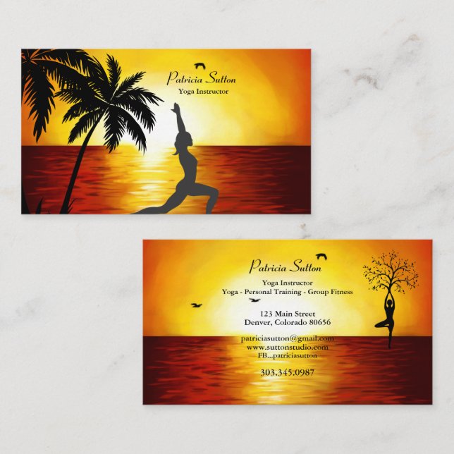 Yoga Instructor Palm Trees Ocean Sunset Silhouette Business Card (Front/Back)