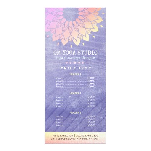 YOGA Instructor Price List Gold Mandala Rack Card