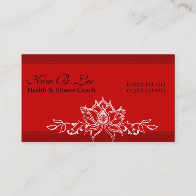 Yoga Instructor Red Asian Hand Drawing  Lotus Business Card (Front)
