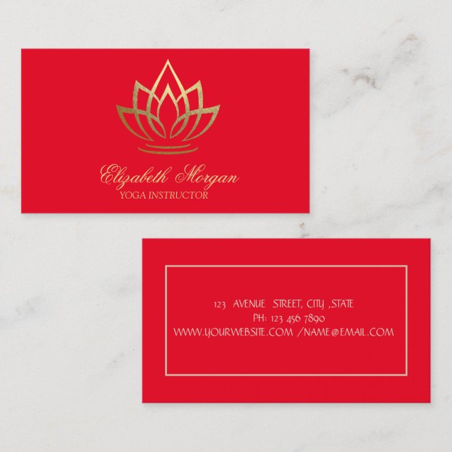 Yoga Instructor,Red, Gold Lotus Business Card (Front/Back)