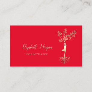 Yoga Instructor,Red, Gold Tree Women Silhouette Business Card
