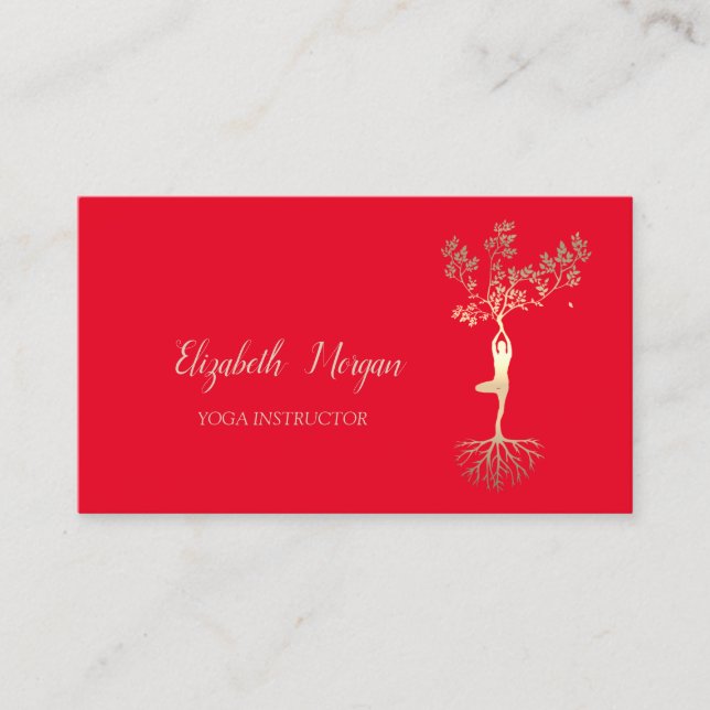Yoga Instructor,Red, Gold Tree Women Silhouette Business Card (Front)