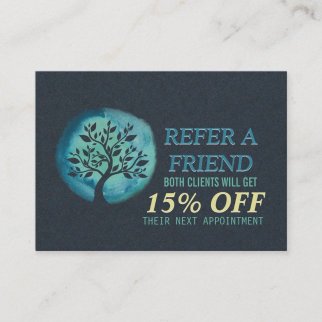 YOGA Instructor Referral Card Chic Black Teal Tree (Front)