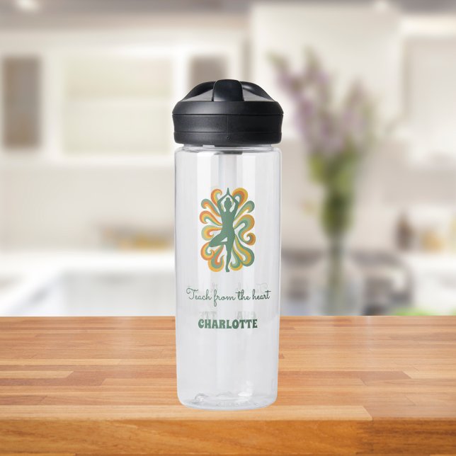 Yoga instructor retro swirls name quote sage green water bottle (Creator Uploaded)