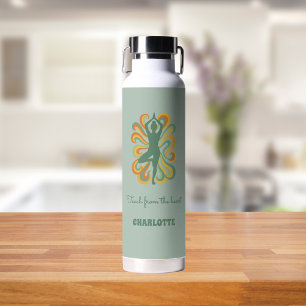 Yoga instructor retro swirls name quote sage green water bottle