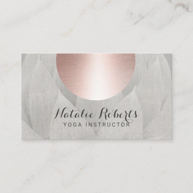 Yoga Instructor Rose Gold Circle Lotus Linen Business Card (Front)