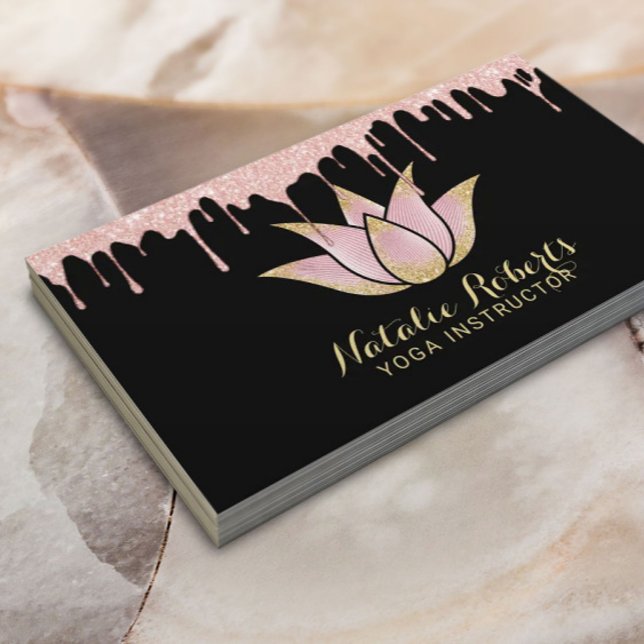 Yoga Instructor Rose Gold Dripping Lotus Flower Business Card (Creator Uploaded)