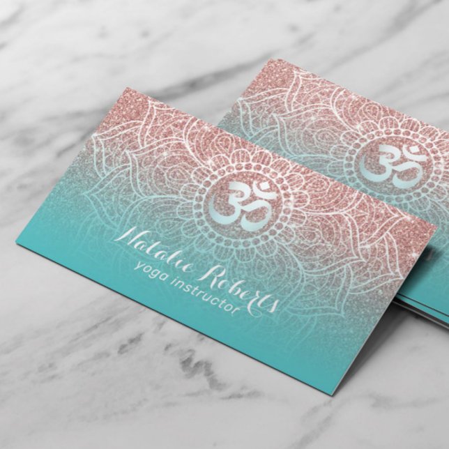 Yoga Instructor Rose Gold Glitter Teal Mandala Business Card (Creator Uploaded)
