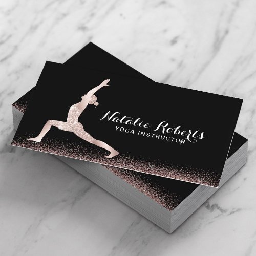 Yoga Instructor Rose Gold Glitter Yoga Pose Black Business Card
