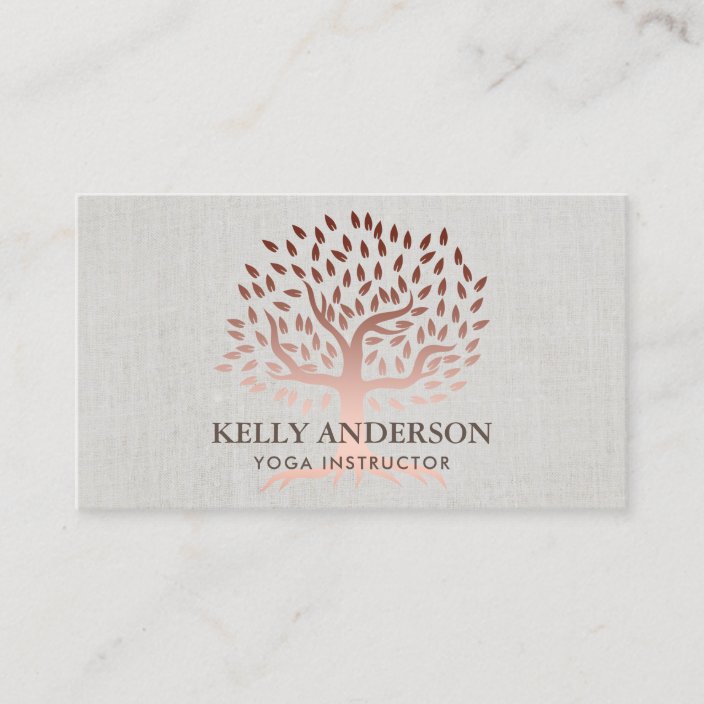 Yoga Instructor Rose Gold Tree Elegant Linen Business Card Yoga Instructor Rose Gold Tree Elegant Linen Business Card