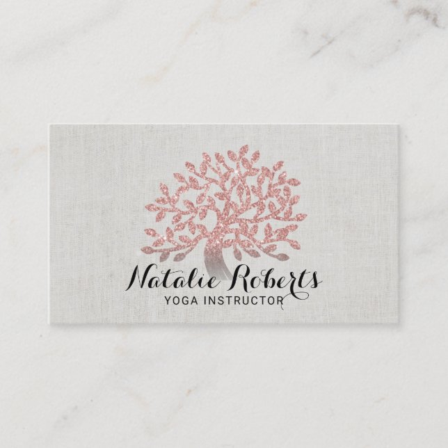 Yoga Instructor Rose Gold Tree Elegant Linen Business Card (Front)