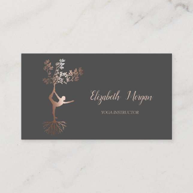 Yoga Instructor,Rose Gold Tree Women Silhouette Business Card (Front)
