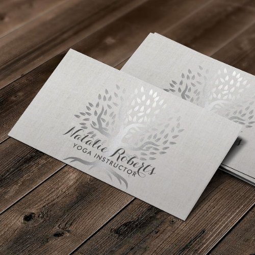 Yoga Instructor Silver Tree Elegant Linen Business Card