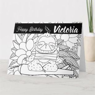 Yoga Instructor Sloth Birthday Floral Coloring Card