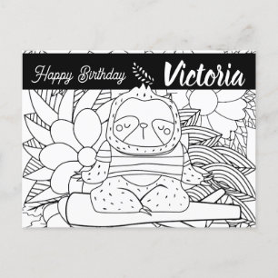 Yoga Instructor Sloth Birthday Floral Coloring Postcard