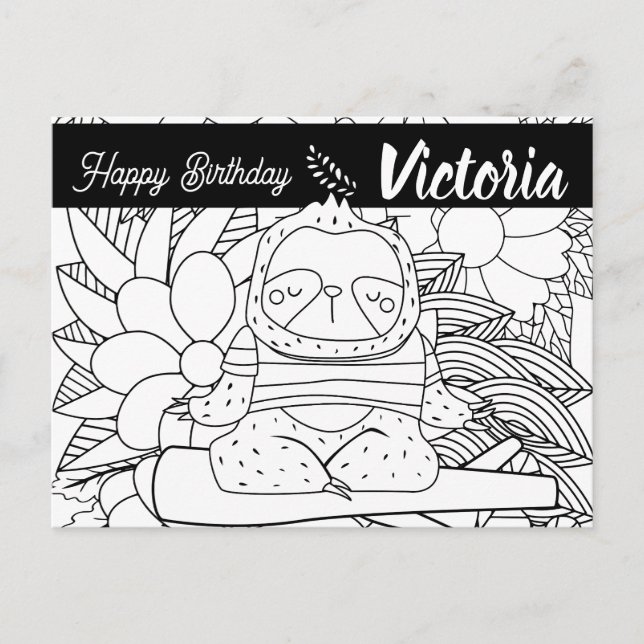 Yoga Instructor Sloth Birthday Floral Coloring Postcard (Front)