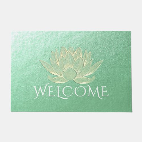 YOGA Instructor Studio Welcome Green Gold Lotus Doormat