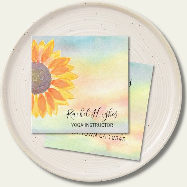 Yoga Instructor Sunflower Watercolor Square Business Card (Creator Uploaded)