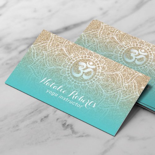 Yoga Instructor Teal Gold Glitter Floral Mandala Business Card