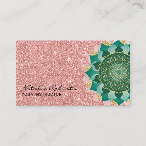 Yoga Instructor Teal Rose Gold Glitter Mandala Business Card