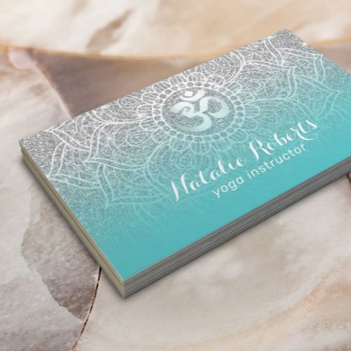 Yoga Instructor Teal  Silver Glitter Mandala Business Card