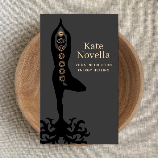 Customizable Yoga Instructor , Tree Pose , Gold Chakras Black Business Card
