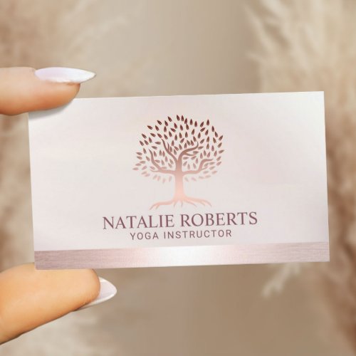 Yoga Instructor Tree Spa Elegant Rose Gold Border Business Card