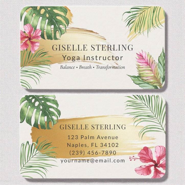 Yoga Instructor Tropical Gold Brushed Watercolor Business Card